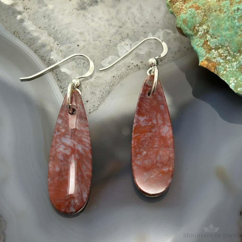 Sterling Silver Teardrop Plum Moss Agate Slab Dangle Earrings For Women #534
