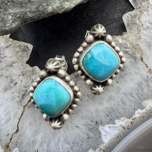 Sterling Silver Southwestern Style Square Turquoise Stud Earrings For Women
