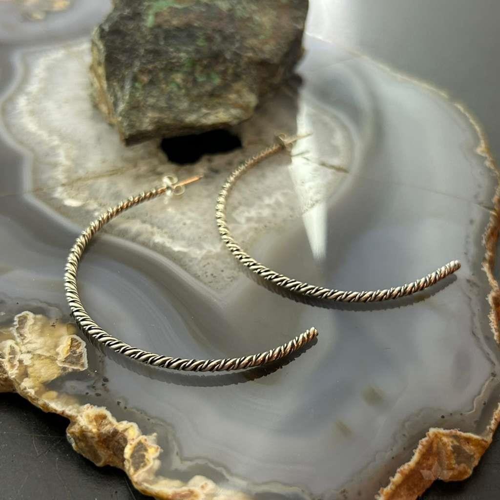 Sterling Silver Twisted Rope Half Moon Hoop Earrings For Women