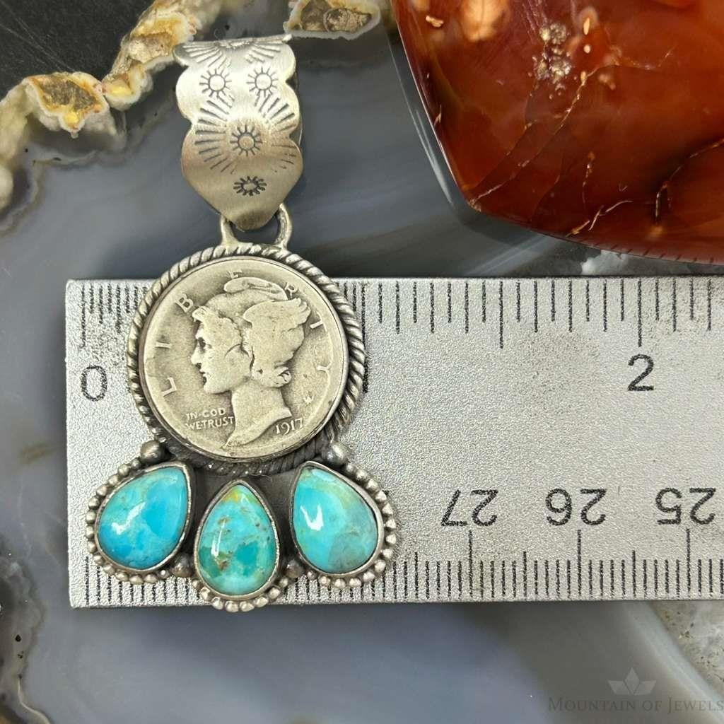 Genuine 1917 90% Silver Mercury Dime Coin w/Teardrop Turquoise Decorated Unisex Pendant