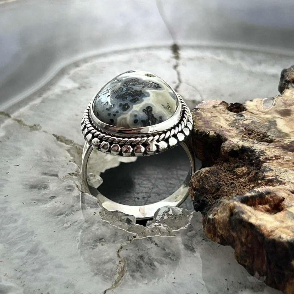 Sterling Silver Southwestern Style Teardrop Dendrite Agate Ring Size 7.5 For Women
