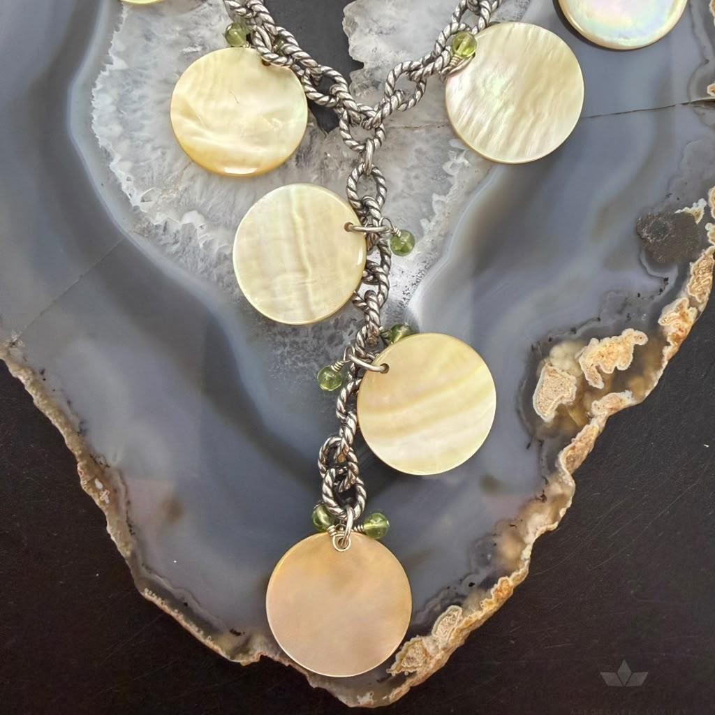 Carolyn Pollack Sterling Silver MOP Disc,Peridot Twisted Link Chain 20" Necklace