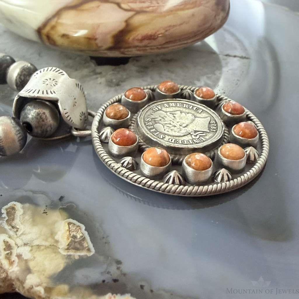 Genuine 1913 90% Silver Barber Head Dime Coin w/Orange Spiny Oyster Pendant