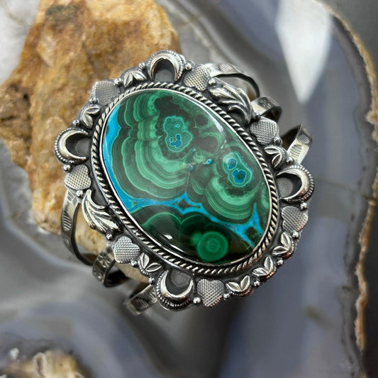 Sterling Silver Southwestern Style Large Oval Malachite Azurite Bracelet For Women