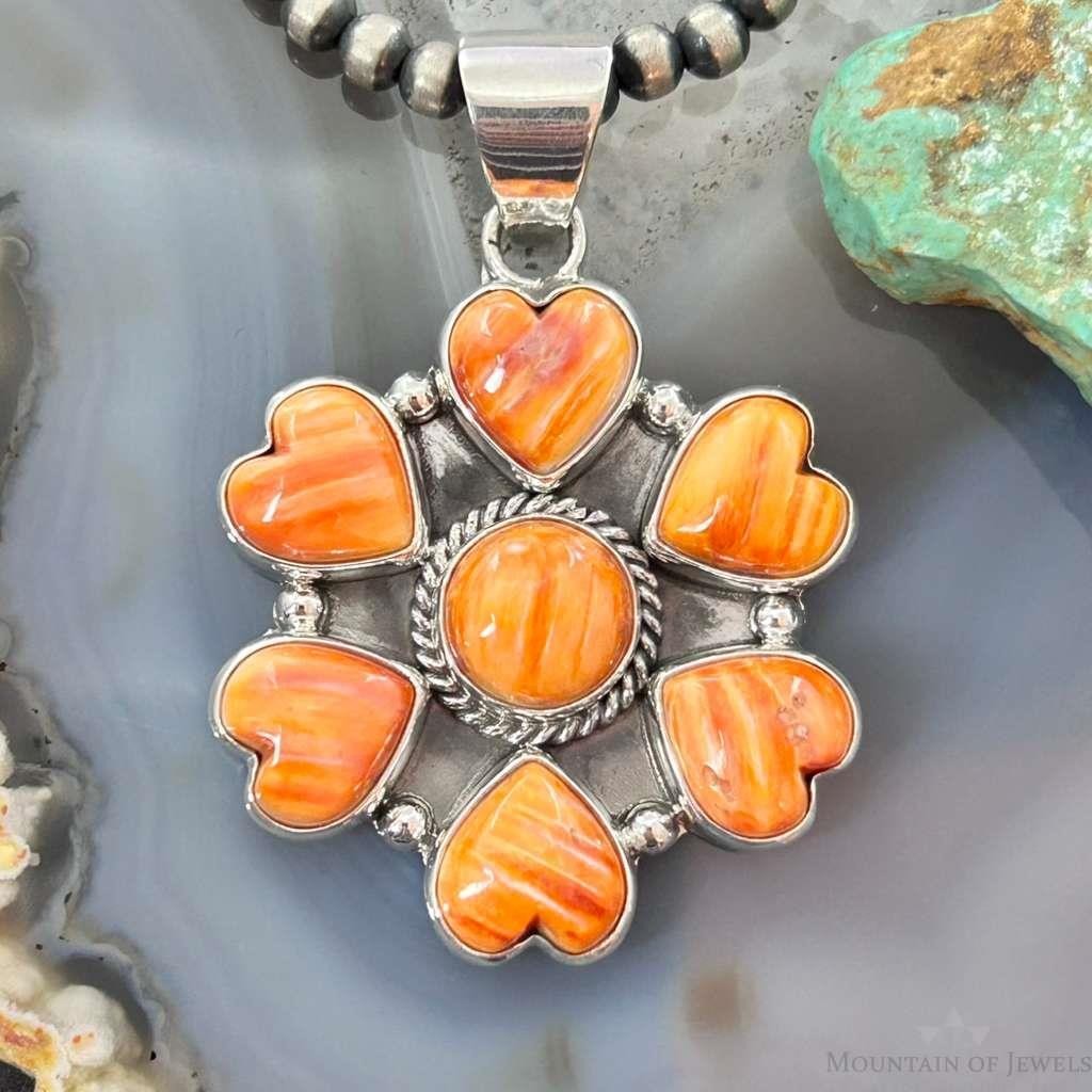 Native American Sterling Silver Hearts Spiny Oyster Cluster Pendant For Women