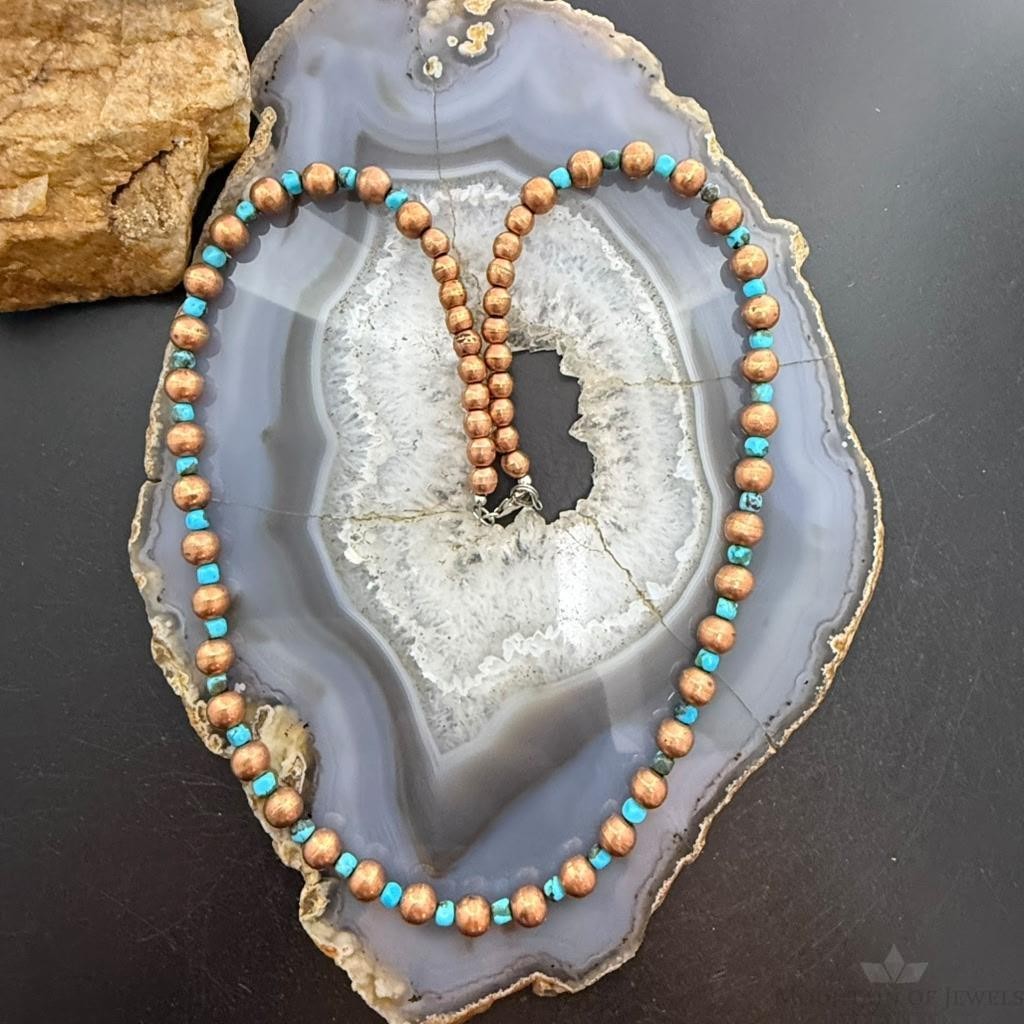 Copper Navajo Pearl Beads & Turquoise Beaded 20" Necklace For Women