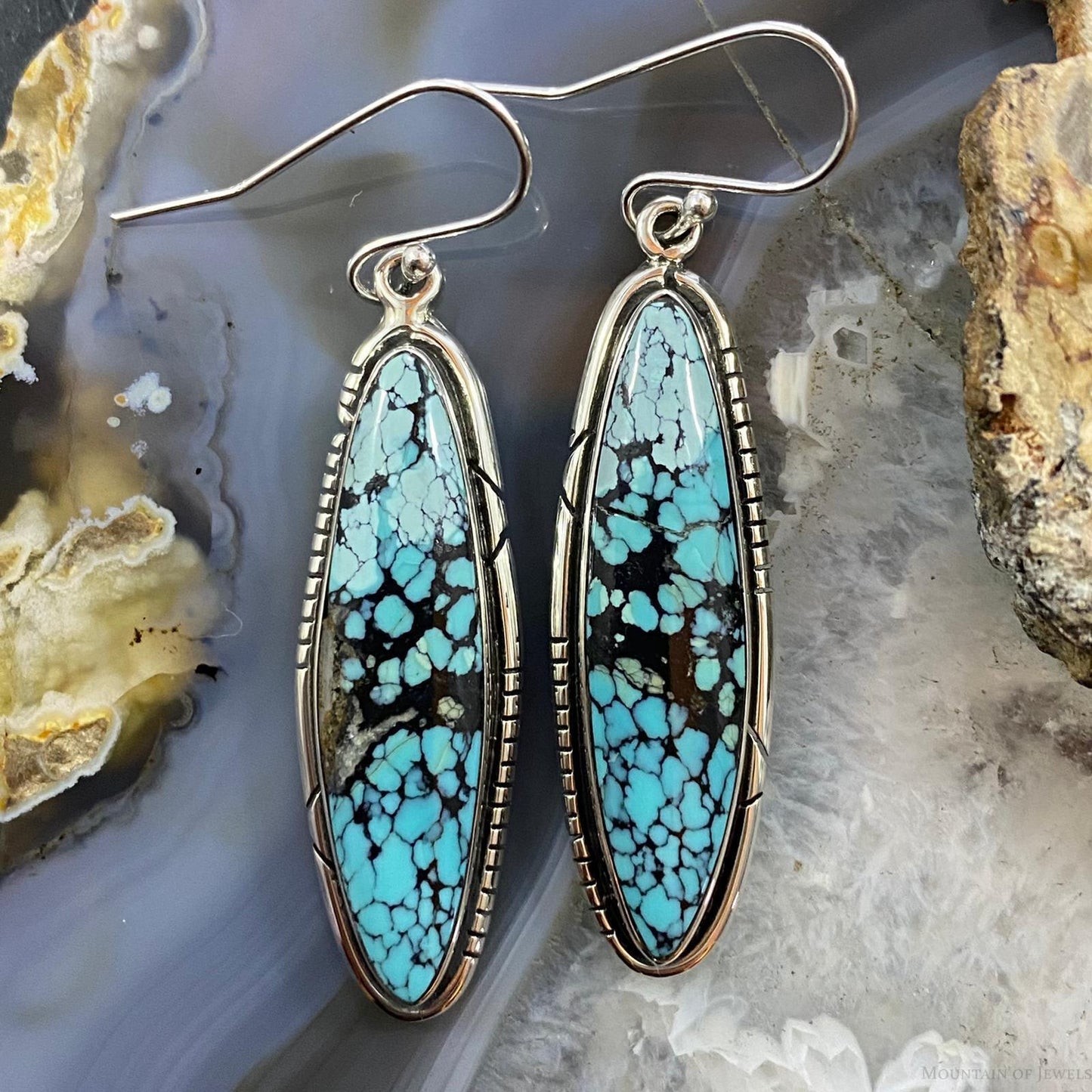 Native American Sterling Silver Marquise Chinese Turquoise Dangle Earrings
