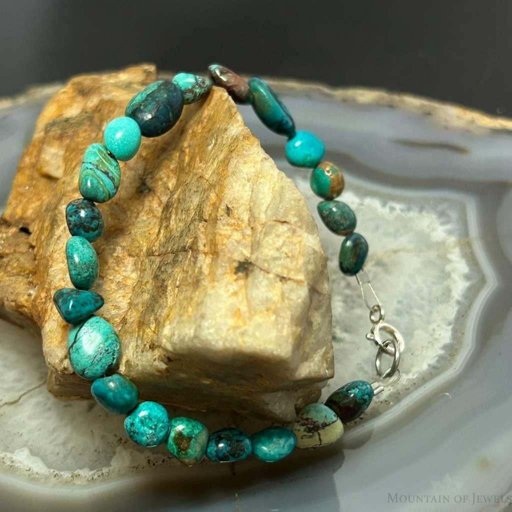 Sterling Silver Natural Turquoise Beads 7" Bracelet For Women #1