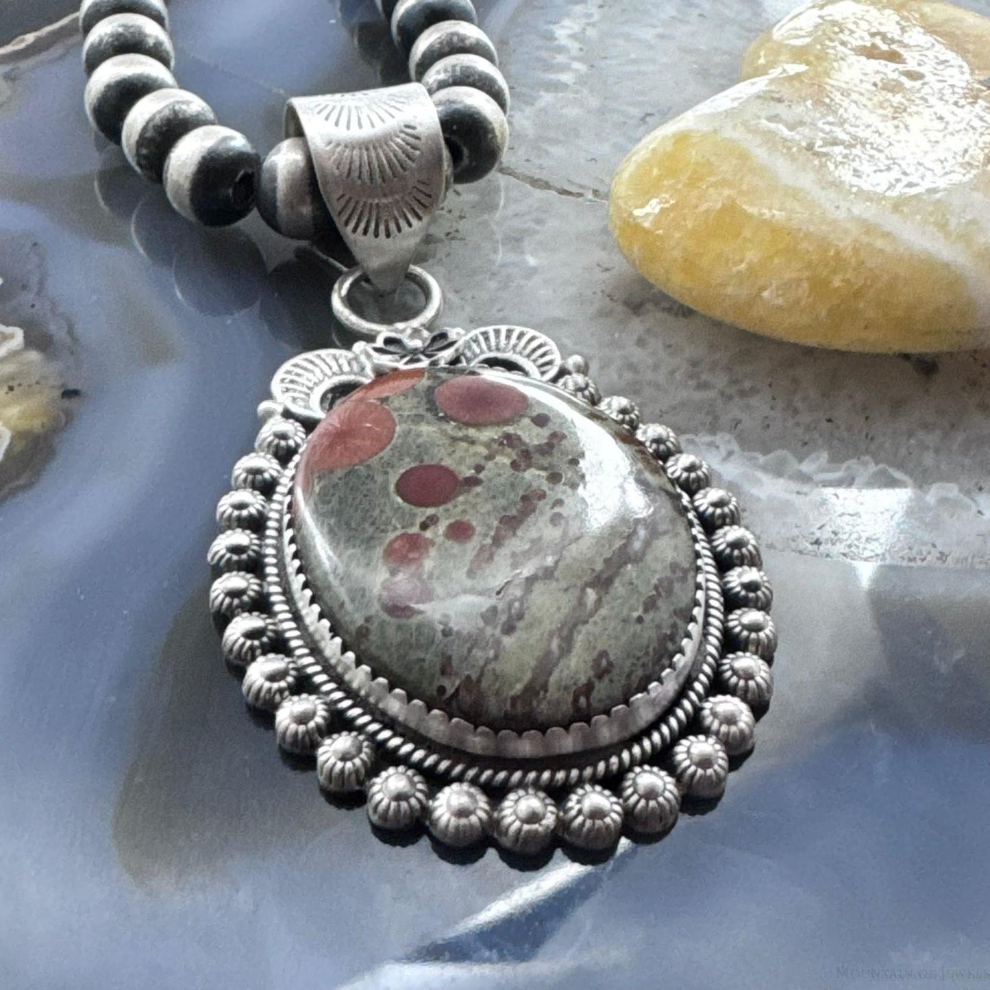 Sterling Silver Southwestern Style Oval Peanut Obsidian Decorated Pendant For Women