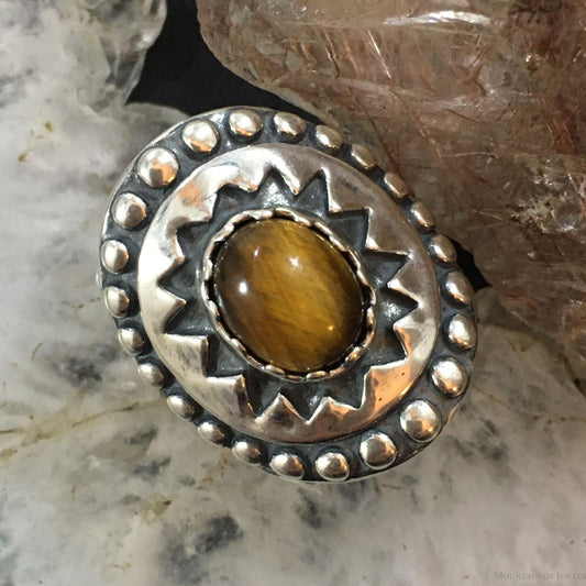 Carolyn Pollack Vintage Southwestern Style  Sterling Silver Oval Tiger Eye Decorated Ring For Women