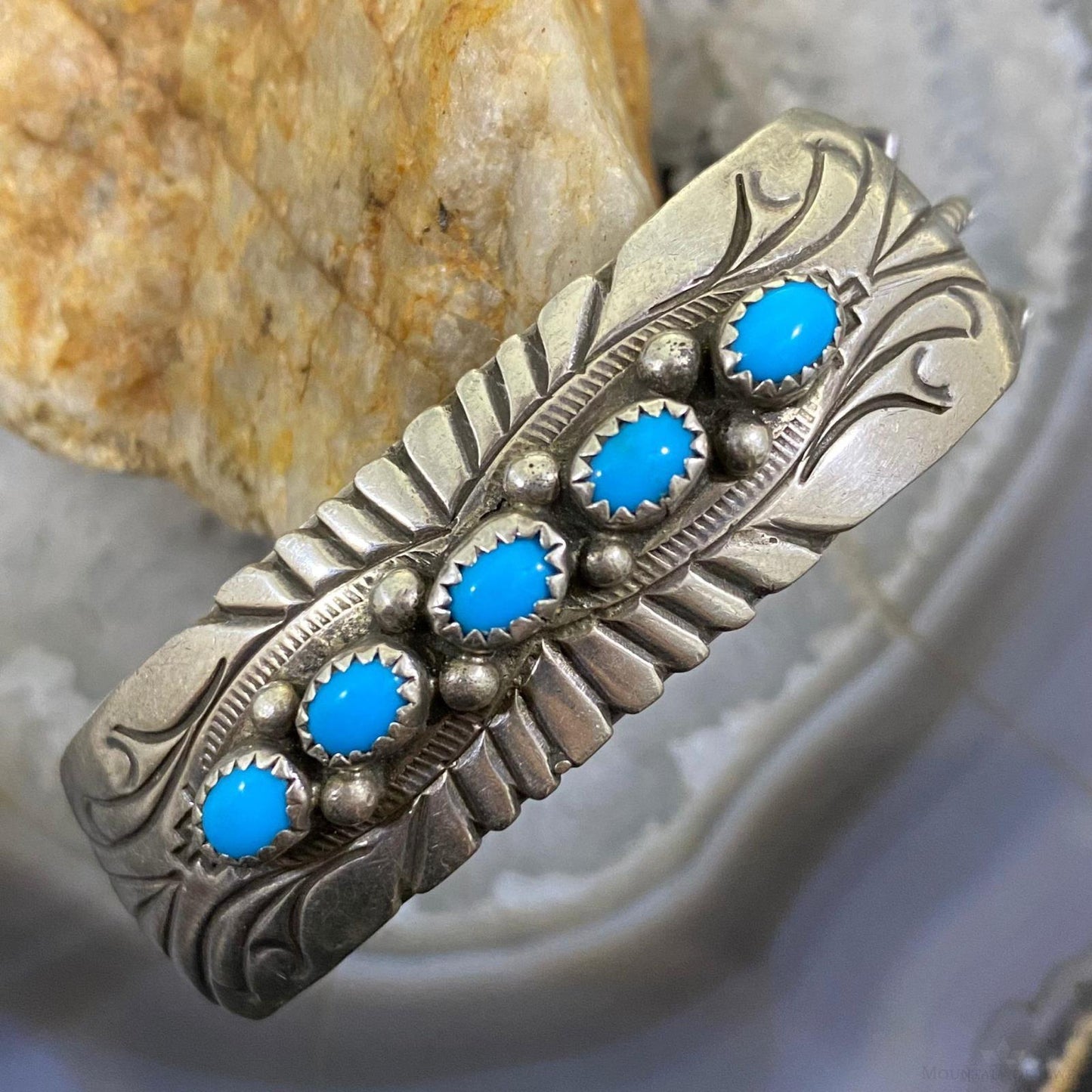 Vintage Native American Silver Turquoise Row Stamped Overlay Cuff For Women