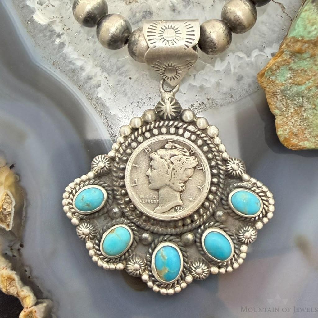 Sterling Silver Southwestern Style 1936 Mercury Dime & Kingman Turquoise Pendant