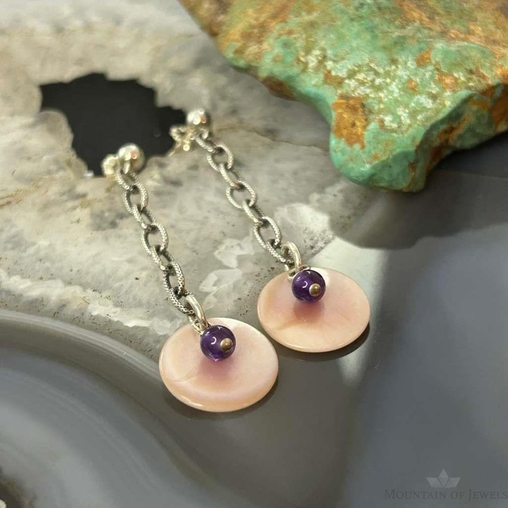 Carolyn Pollack Sterling Silver Pink MOP & Amethyst Dangle Earrings For Women