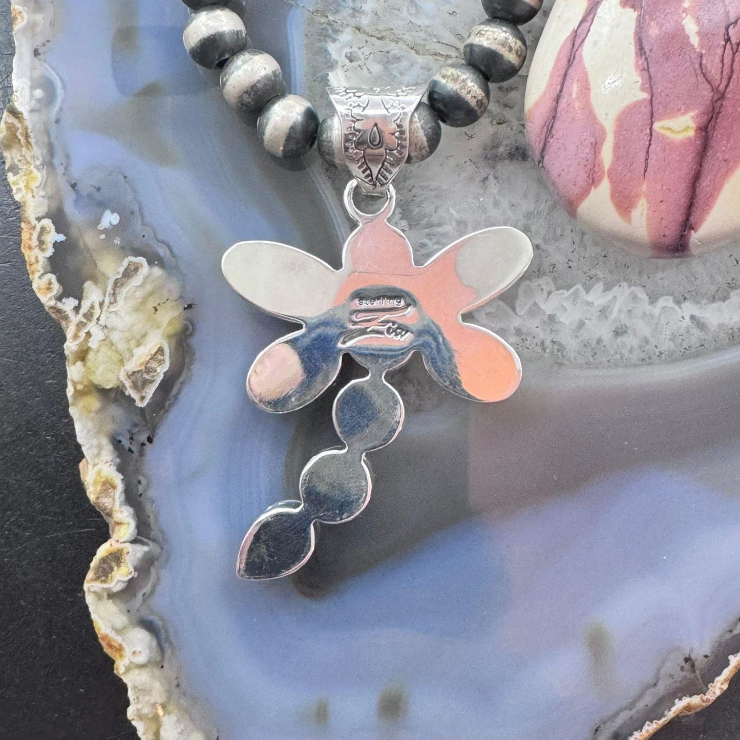 Native American Sterling Silver 9 Pink Conch Dragonfly Pendant For Women