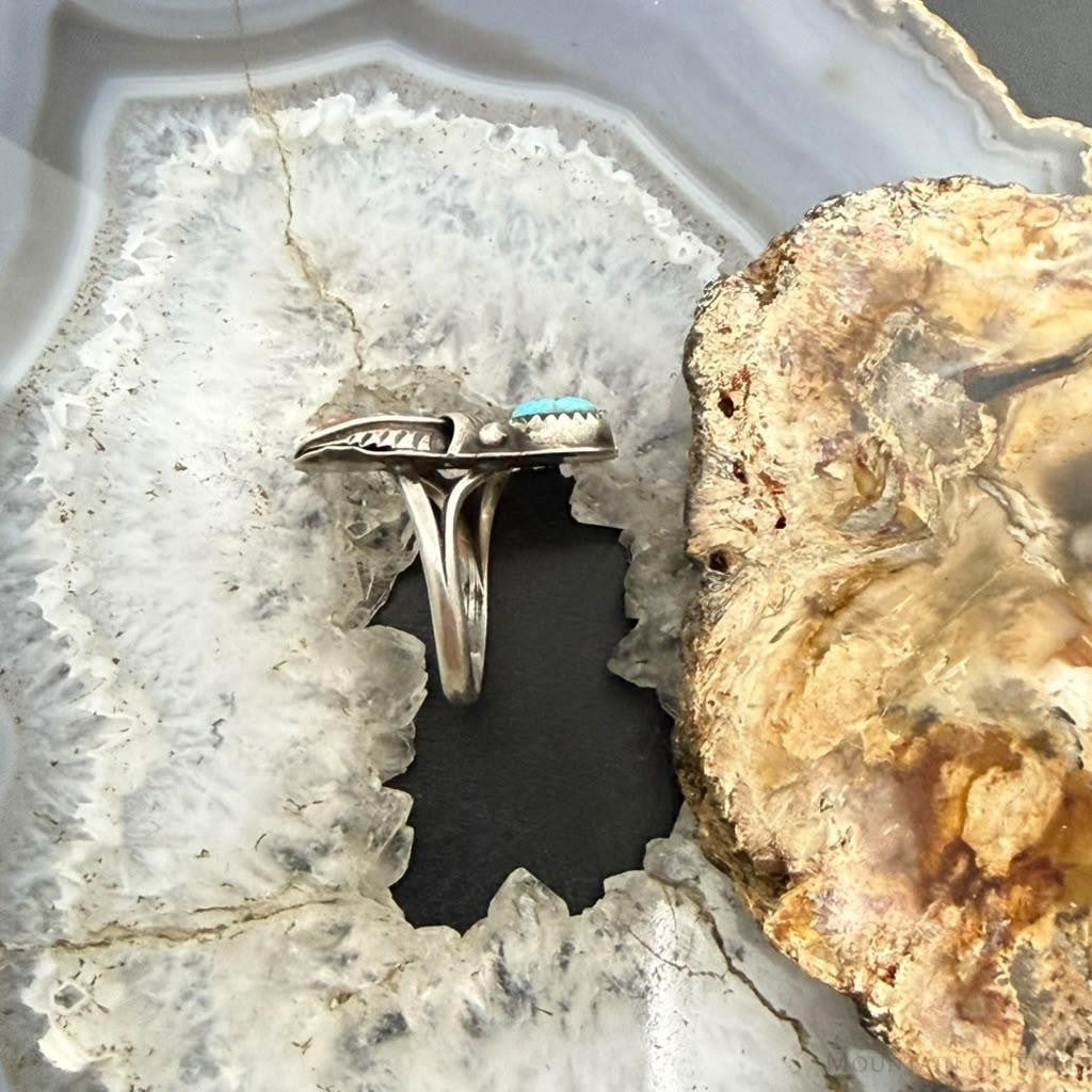 Vinatge Native American Silver Coral & Turquoise Leaf Ring Size 7.5 For Women