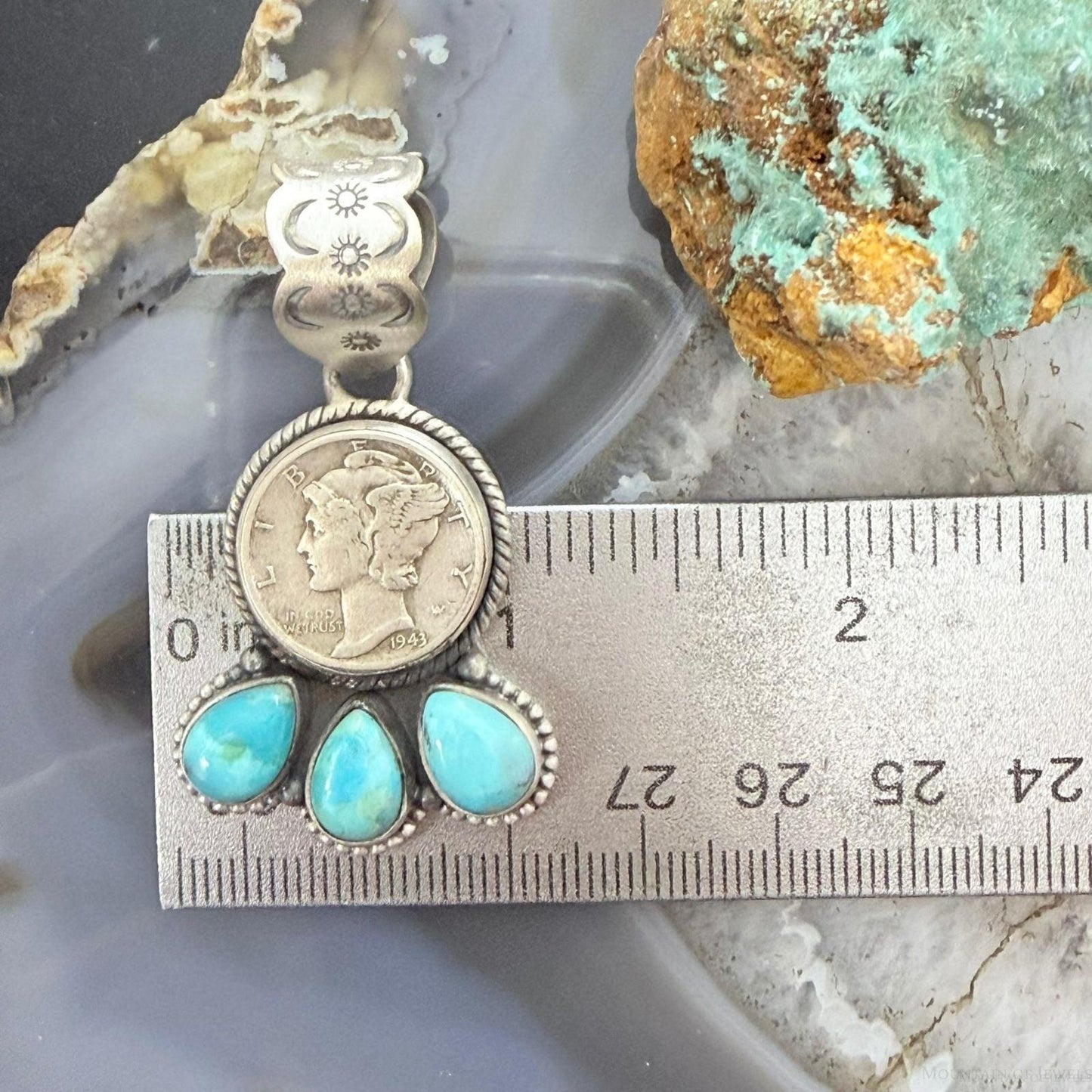 Genuine 1943 90% Silver Mercury Dime Coin w/Teardrop Turquoise Decorated Unisex Pendant