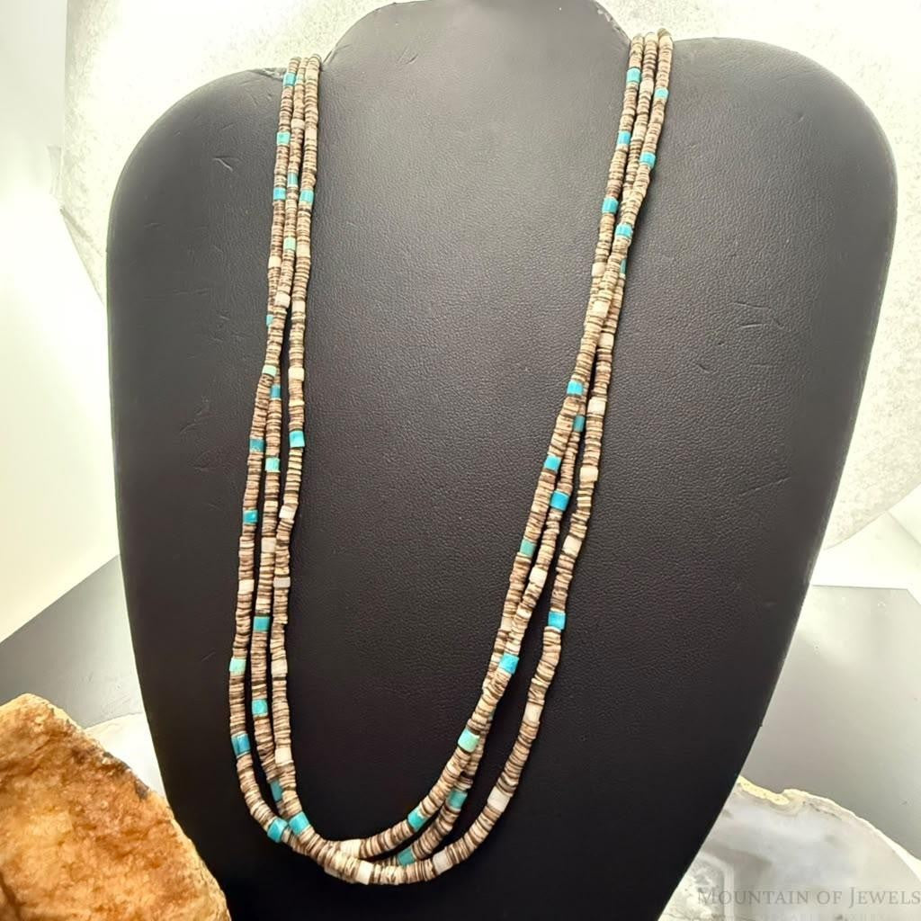 Vintage Native American 3 Strands Heishi Beads &Turquoise 26" Necklace For Women