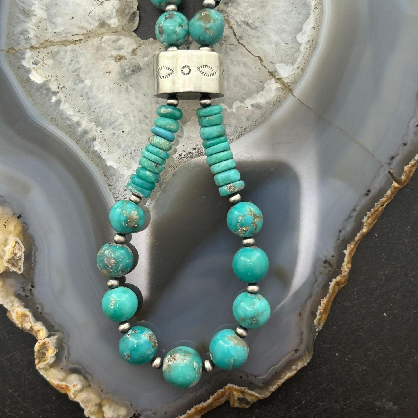 Sterling Silver Southwestern Style Turquoise Beads & Sterling Beads 26"-28" Necklace For Women