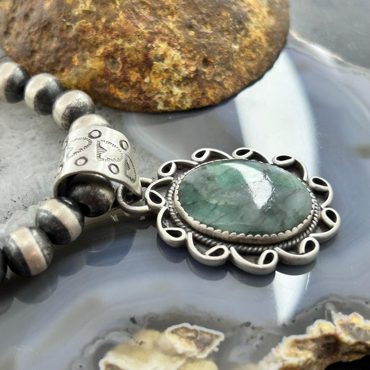 Sterling Silver Southwestern Style Oval Emerald Decorated Pendant For Women #1