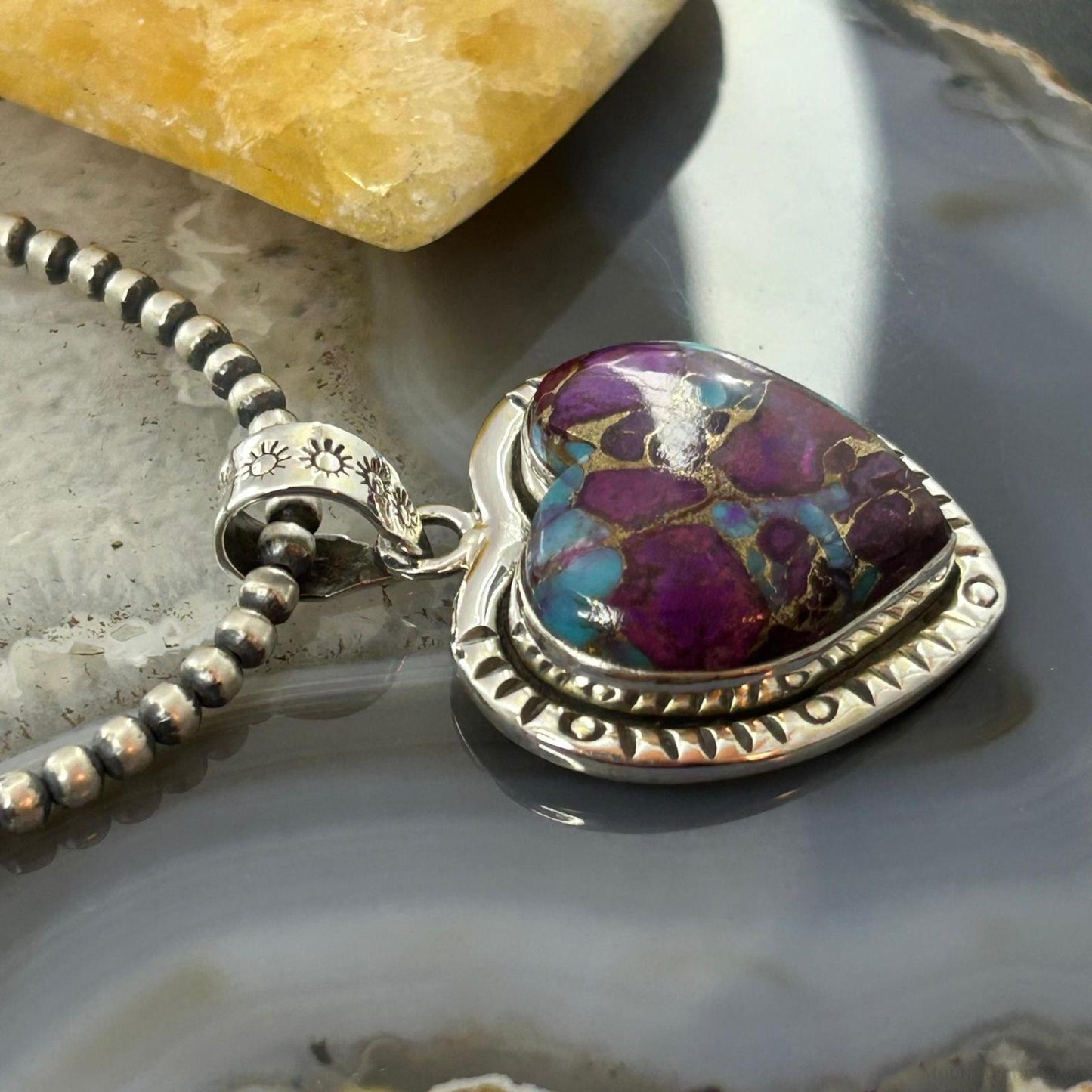 Sterling Silver Southwestern Style Purple Dahlia Heart Pendant For Women