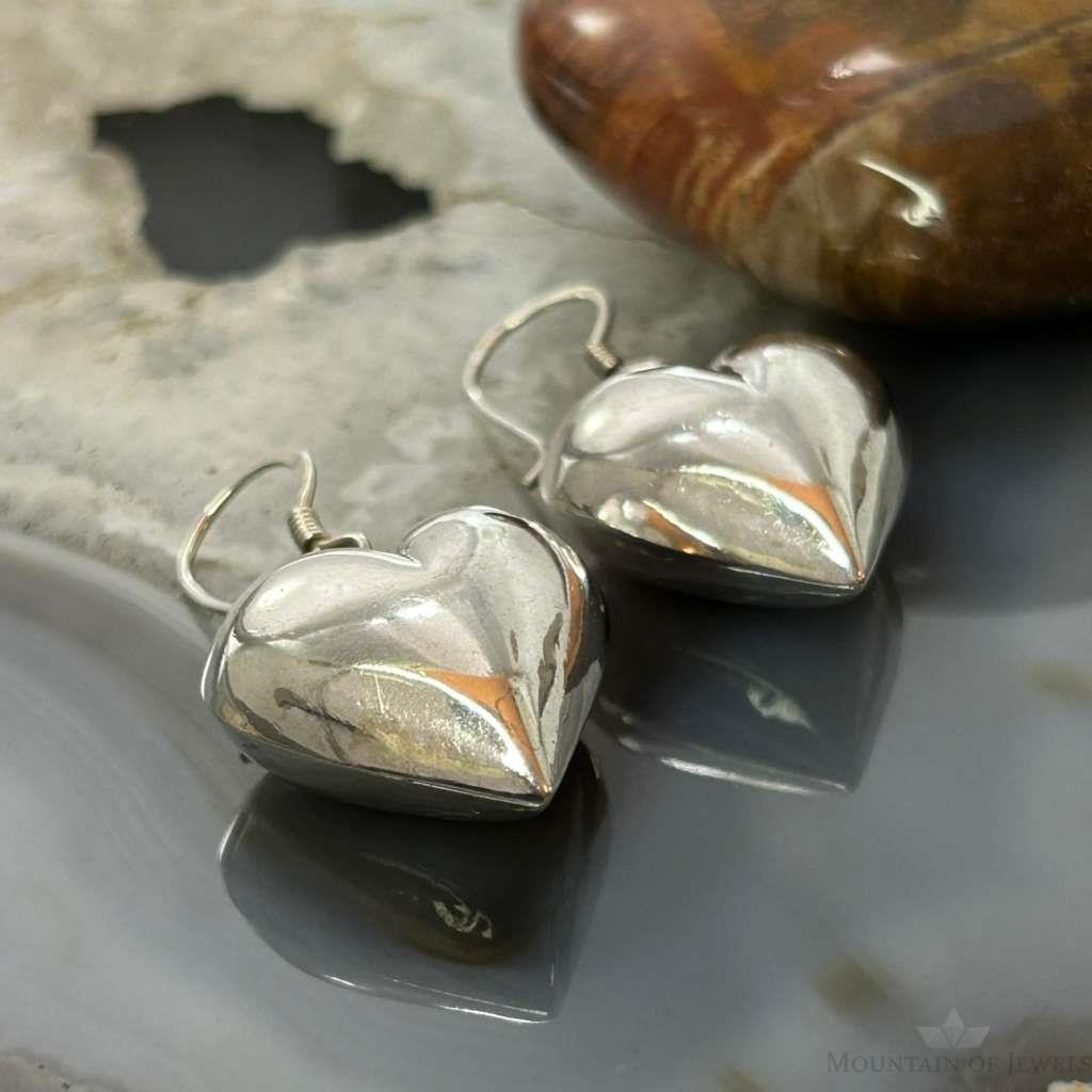 Silver Puff Heart Dangle Earrings For Women