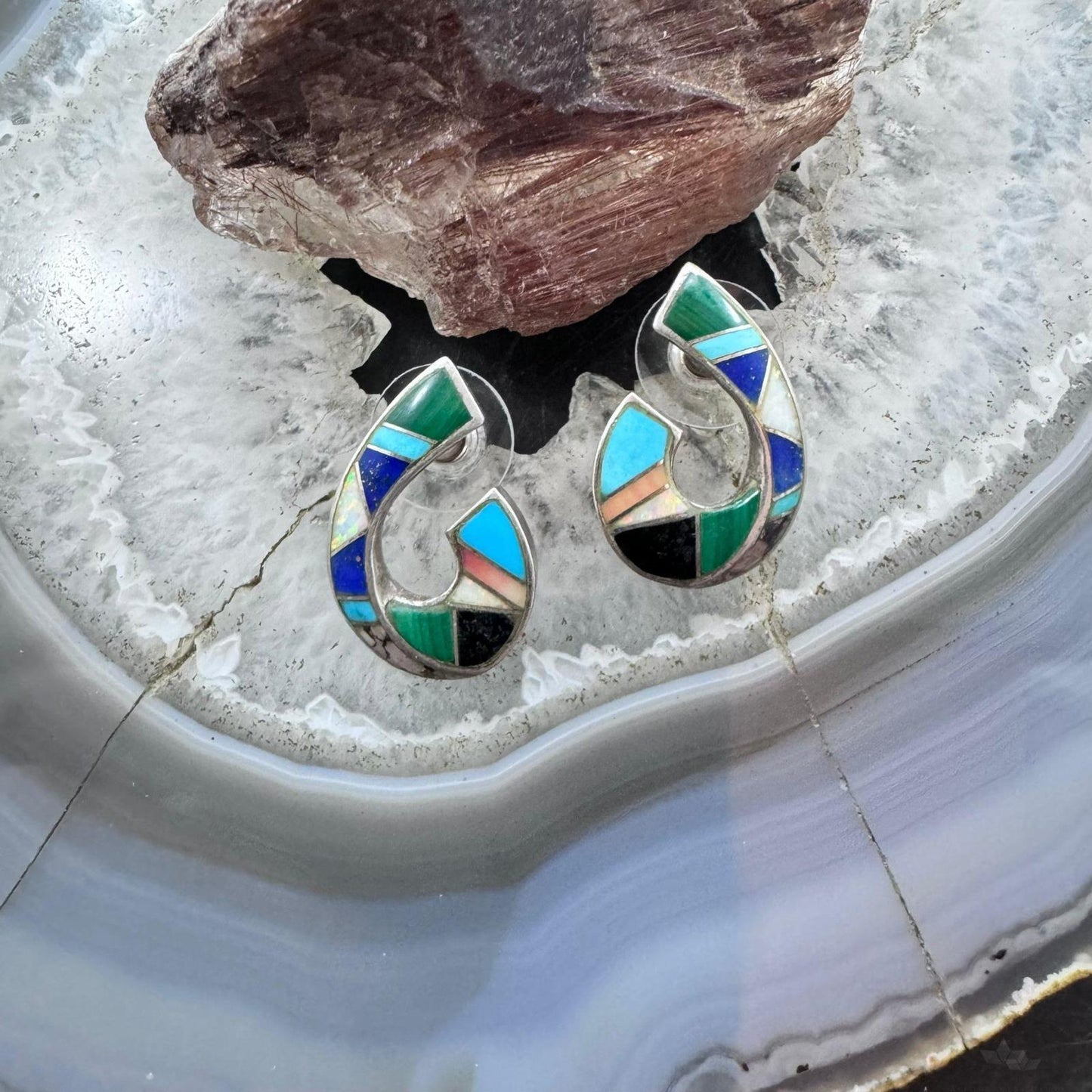 Vintage Native American Sterling Silver Multistone Inlay Post Earrings For Women