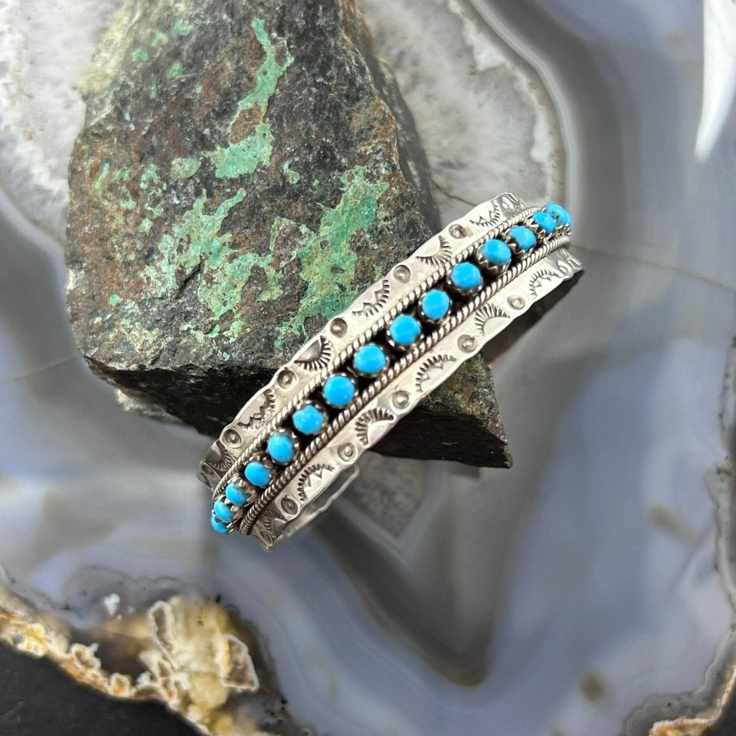 Jason & Pearl Ukestine Native American Sterling Silver Turquoise Single Row Bracelet For Women