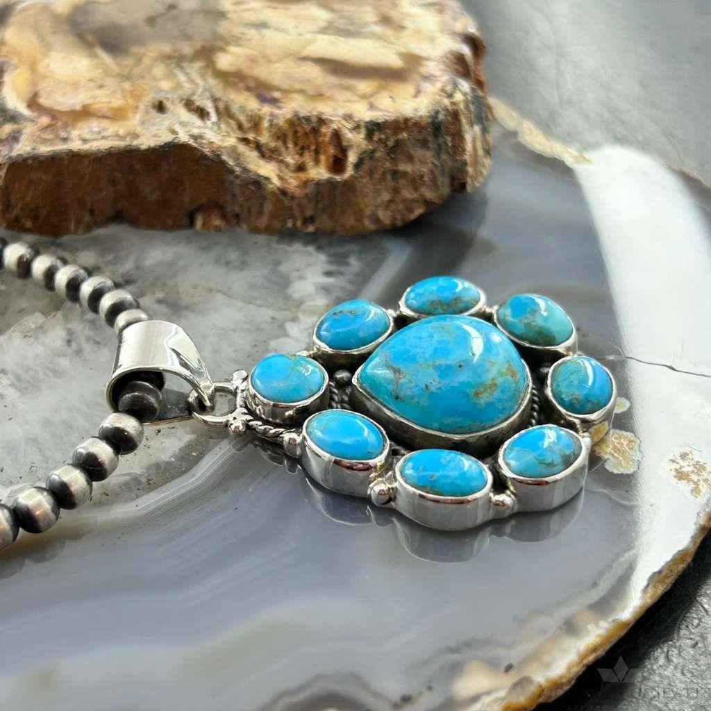 Sterling Silver Southwestern Style Mohave Turquoise Cluster Pendant For Women #2