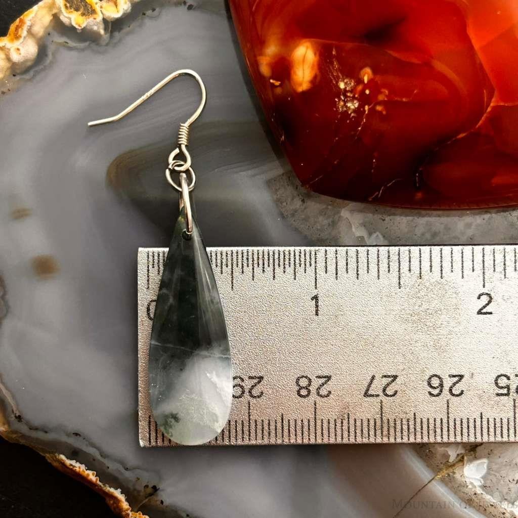Sterling Silver Elongated Teardrop Moss Agate Slab Dangle Earrings For Women #328