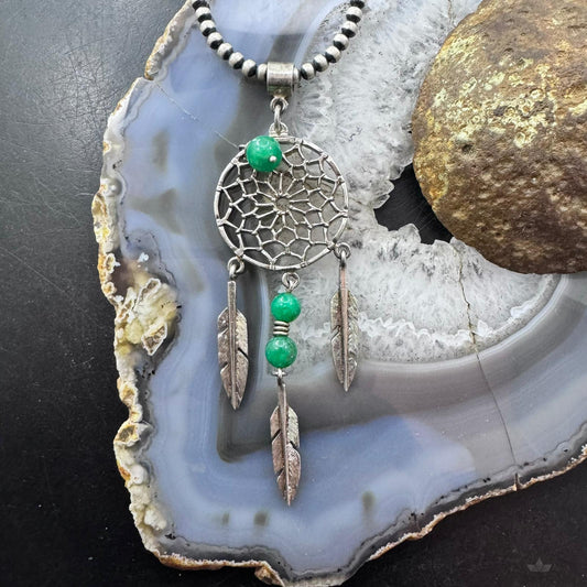 Vintage Native American Silver 3 Jade Beads Dreamcatcher Pendant For Women