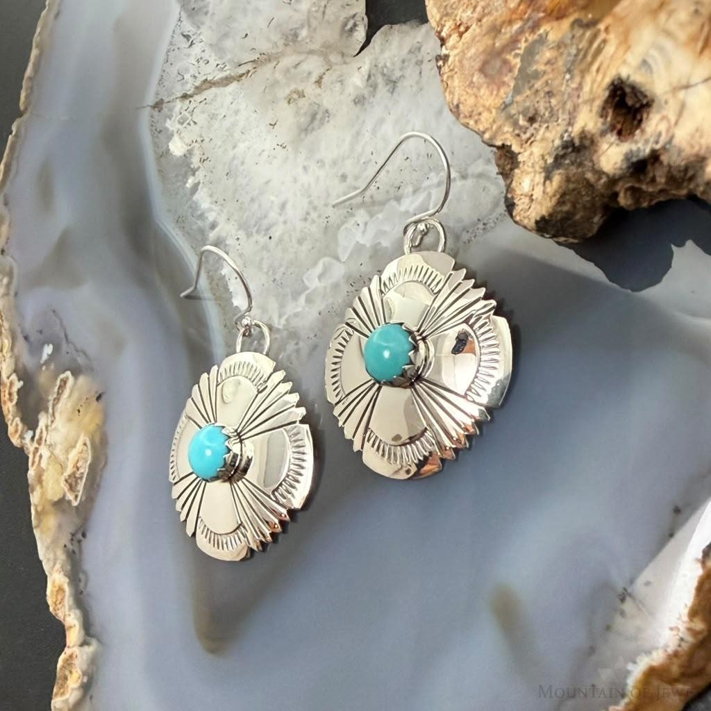 Michael Nez Navajo Sterling Silver Round Turquoise Stamped Dangle Earrings For Women
