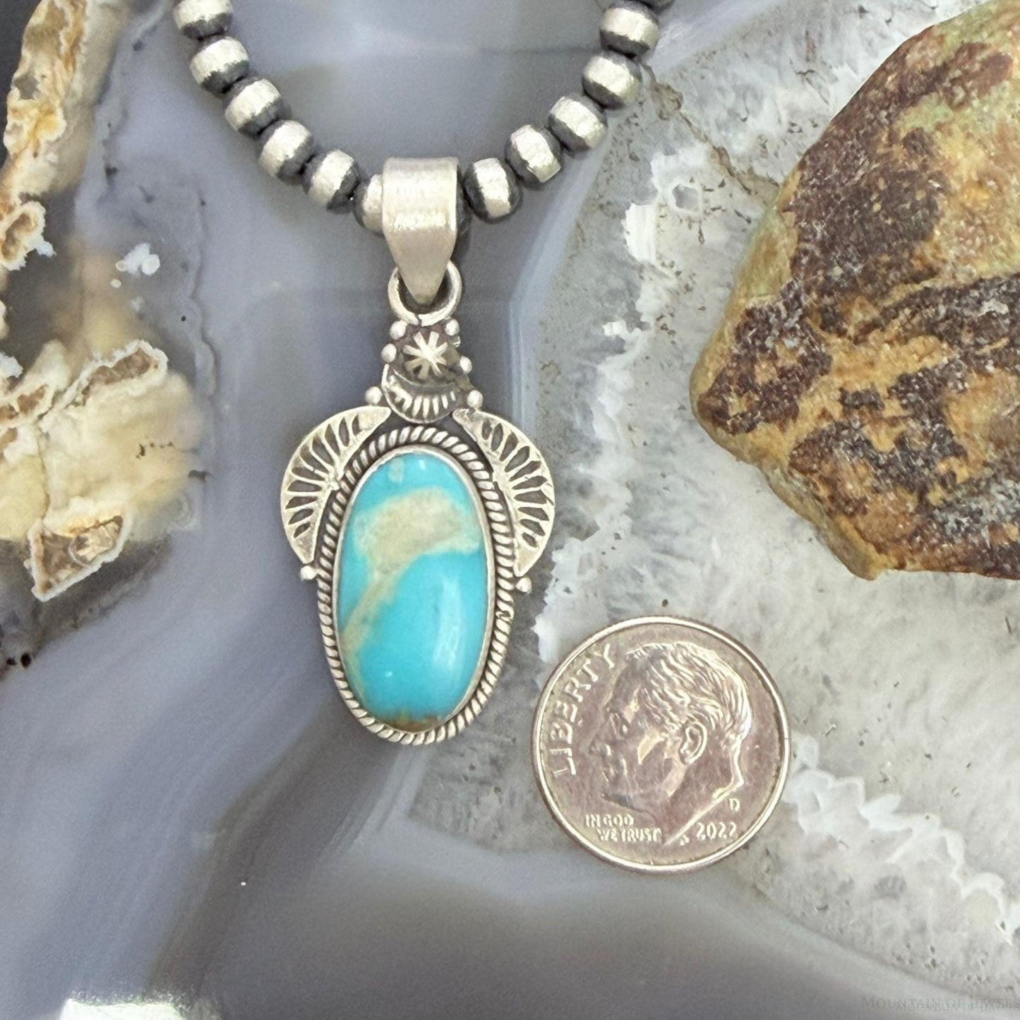 Sterling Silver Southwestern Style Oval Kingman Turquoise Decorated Pendant For Women