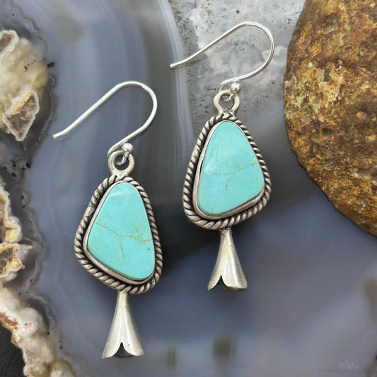 Sterling Silver Southwestern Style Turquoise Squash Blossom Dangle Earrings For Women #2