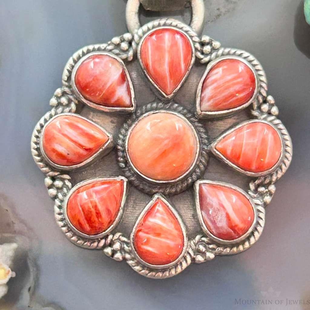 Native American Sterling Silver Orange Spiny Oyster Cluster Pendant For Women