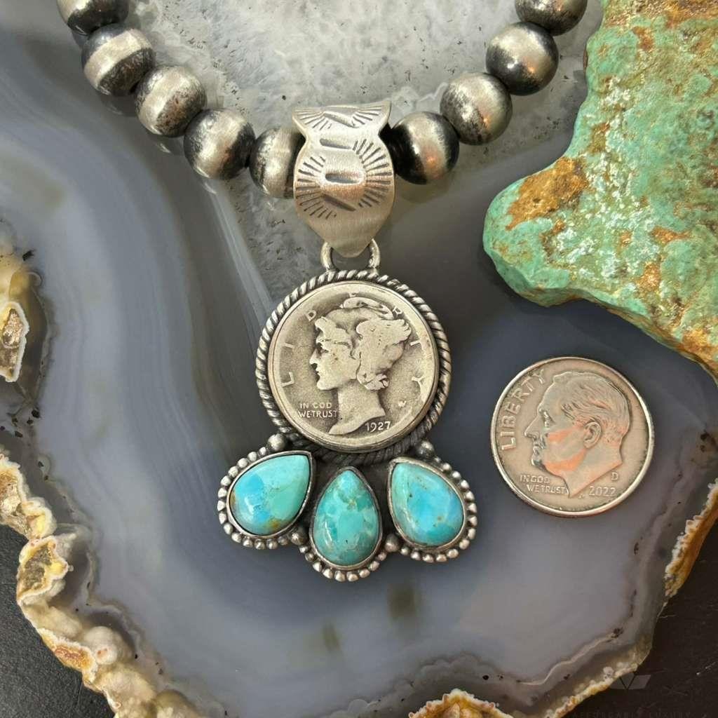 Genuine 1927 90% Silver Mercury Dime Coin w/Teardrop Turquoise Decorated Unisex Pendant