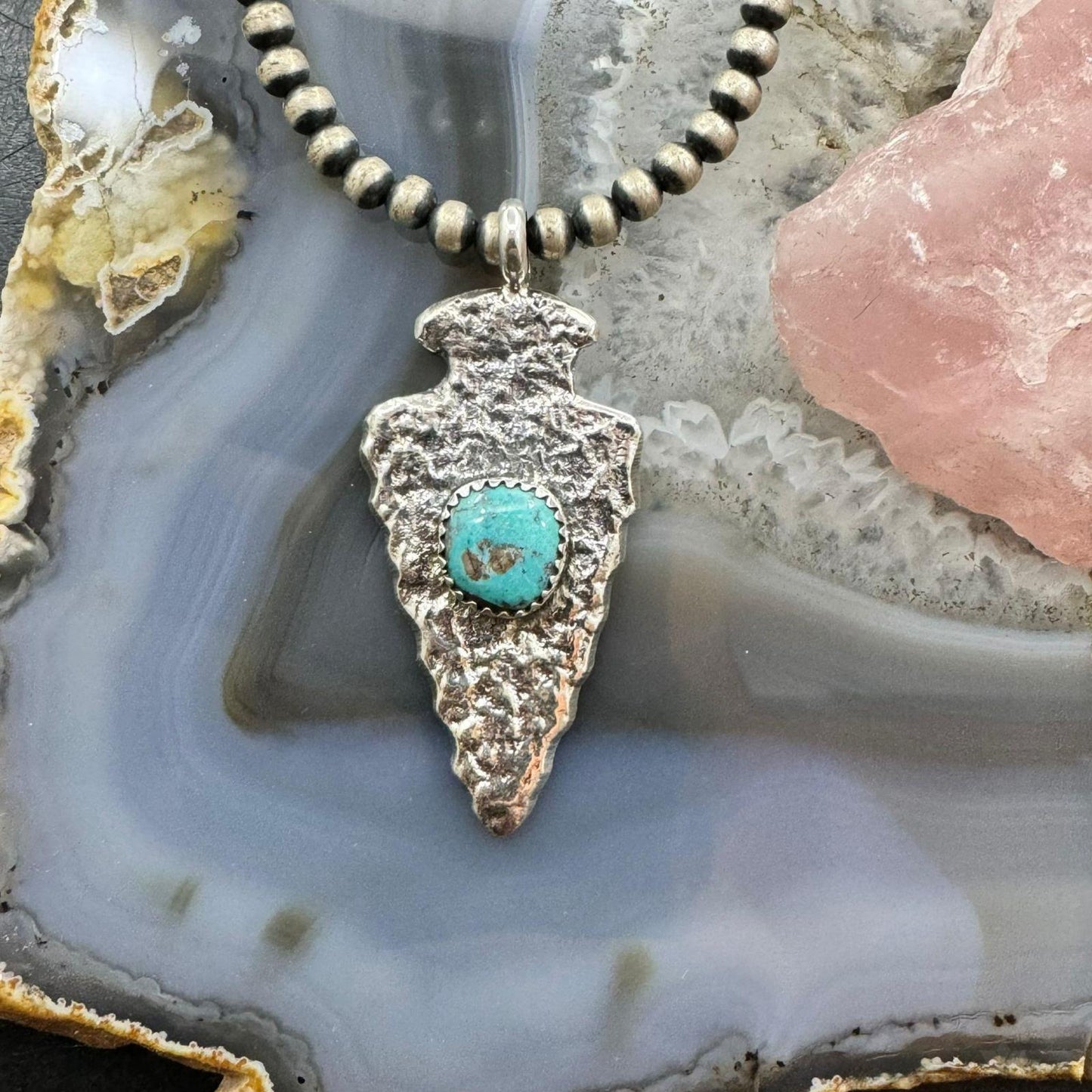 Gary Custer Navajo Native American Sterling Silver Tufa Cast Turquoise Arrowhead Unisex Pendant