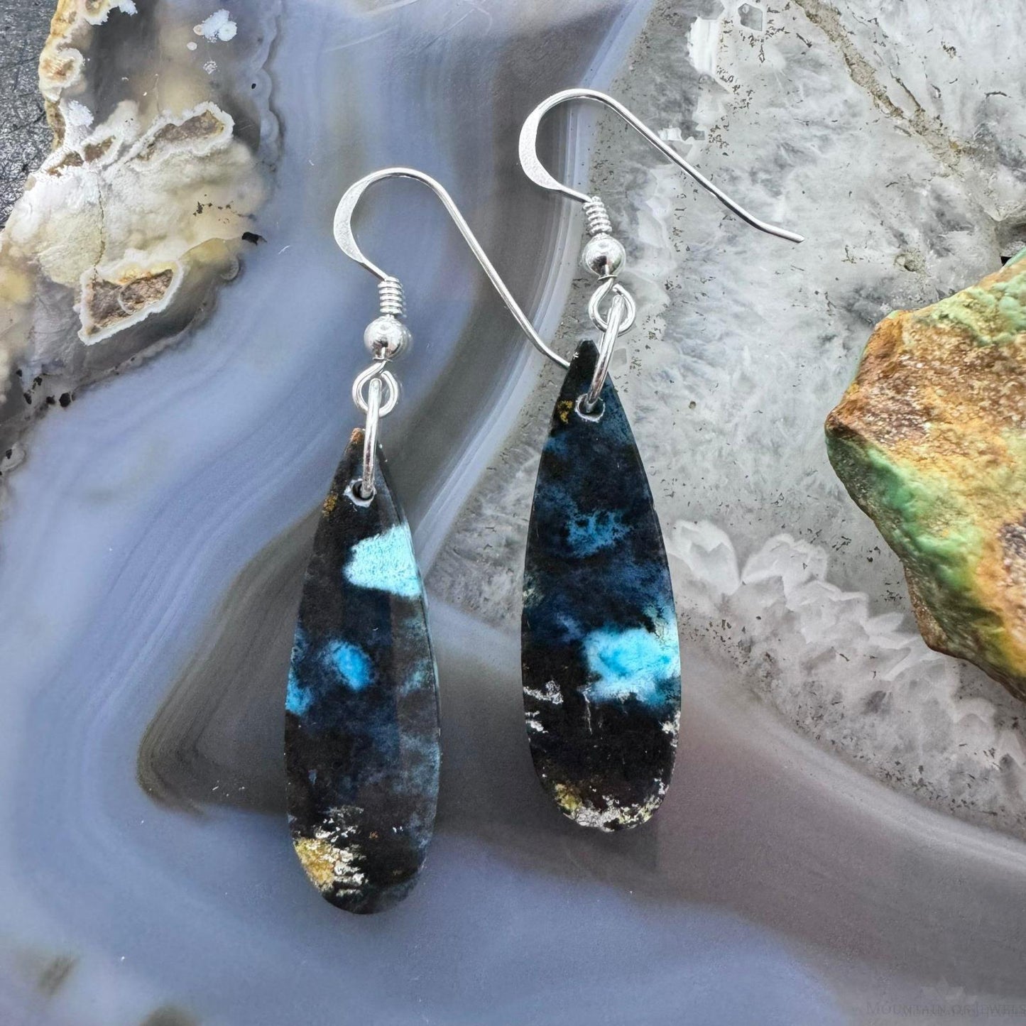 Sterling Silver Elongated Teardrop Chrysocolla Slab Dangle Earrings For Women #226