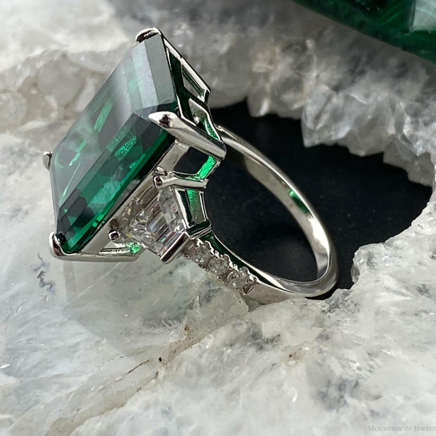 Sterling Silver Look alike Emerald Simulant with Diamond Coated Crystalline Ring