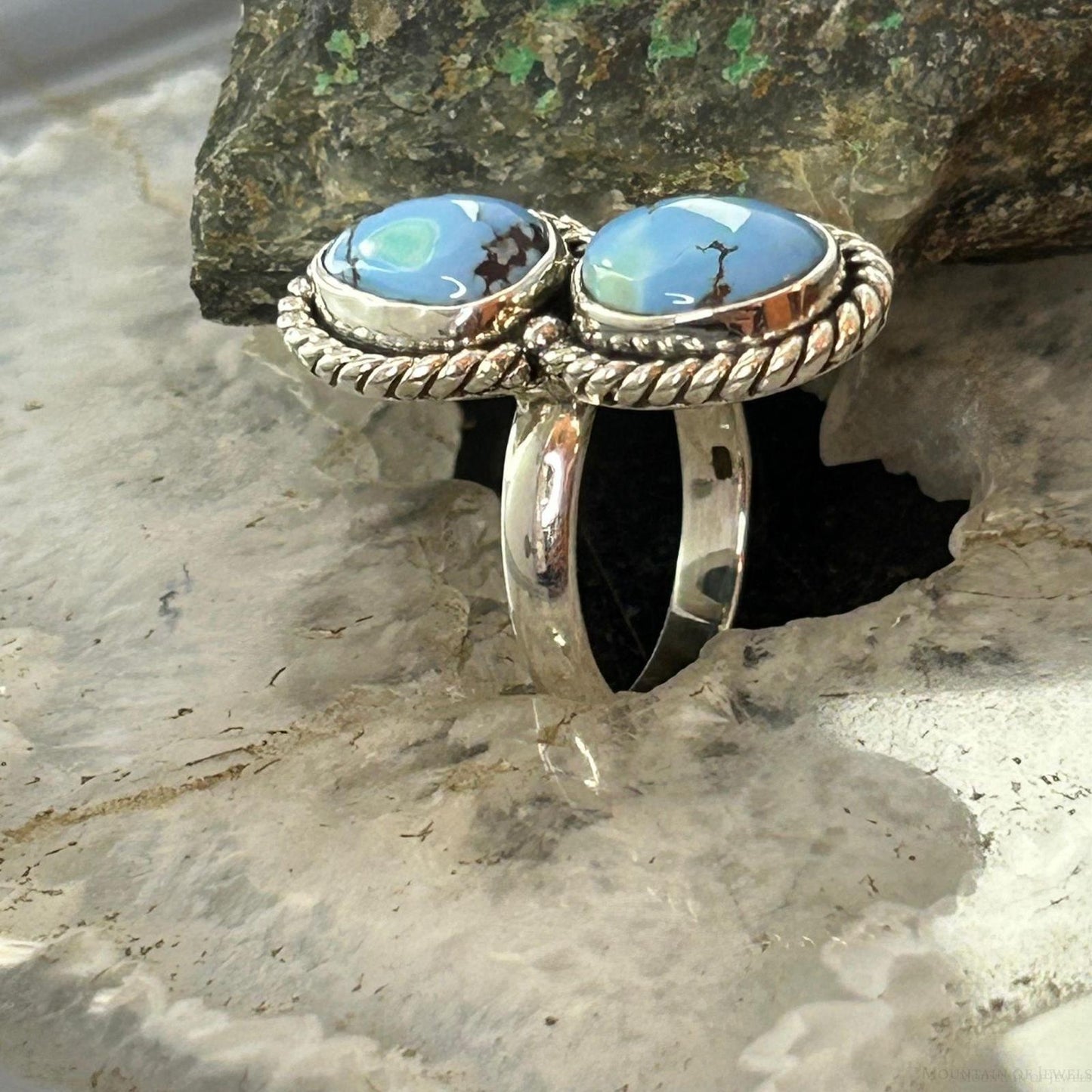 Southwestern Style Sterling Silver 2 Golden Hill Turquoise Ring Size 7 For Women