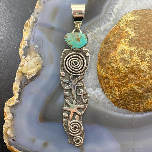 Alex Sanchez Native American Sterling Silver Petroglyph & Turquoise Long Unisex Pendant