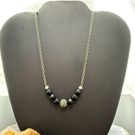 Carolyn Pollack Sterling Silver 6 Faceted Onyx w/Swirl Beads 15"-14" Necklace For Women