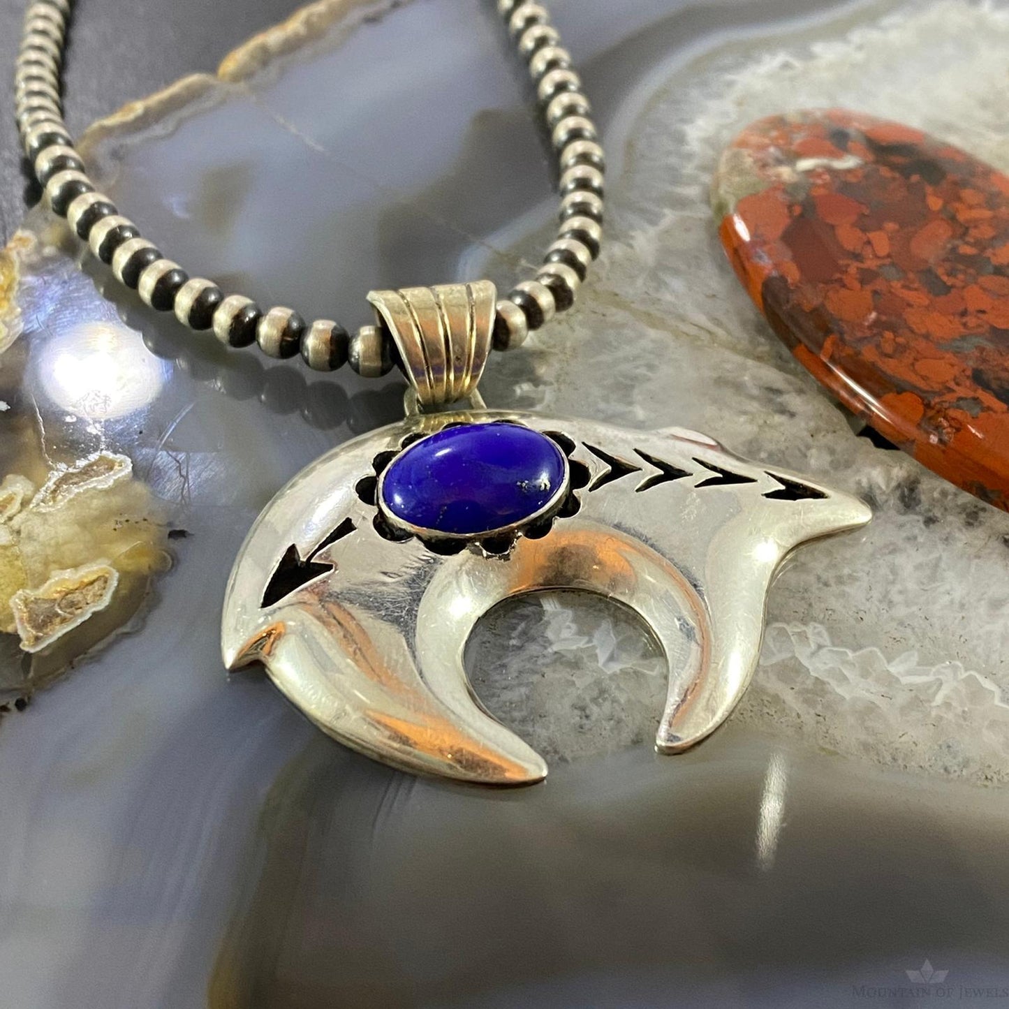 Native American Sterling Silver Fetish Bear with Oval Lapis Pendant For Women