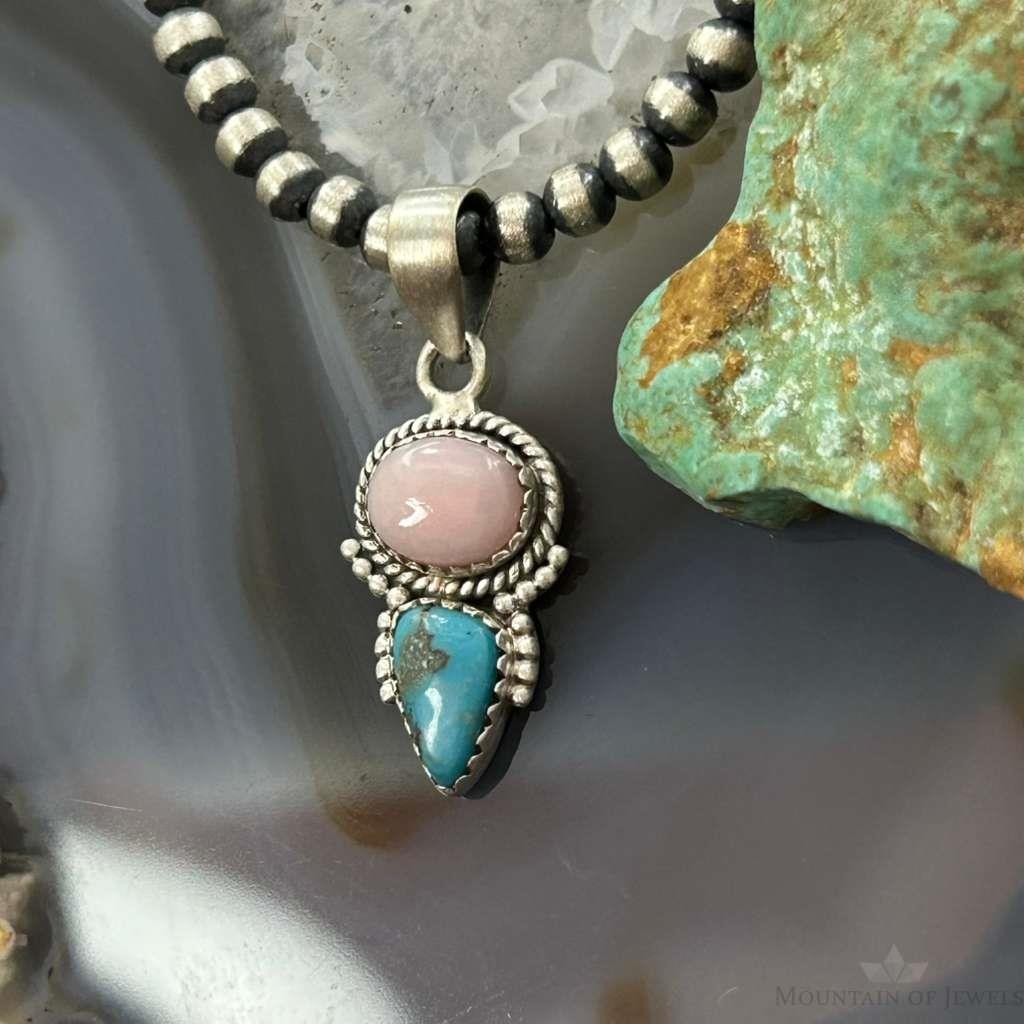 Sterling Silver Southwestern Style Pink Conch & Turquoise Pendant For Women