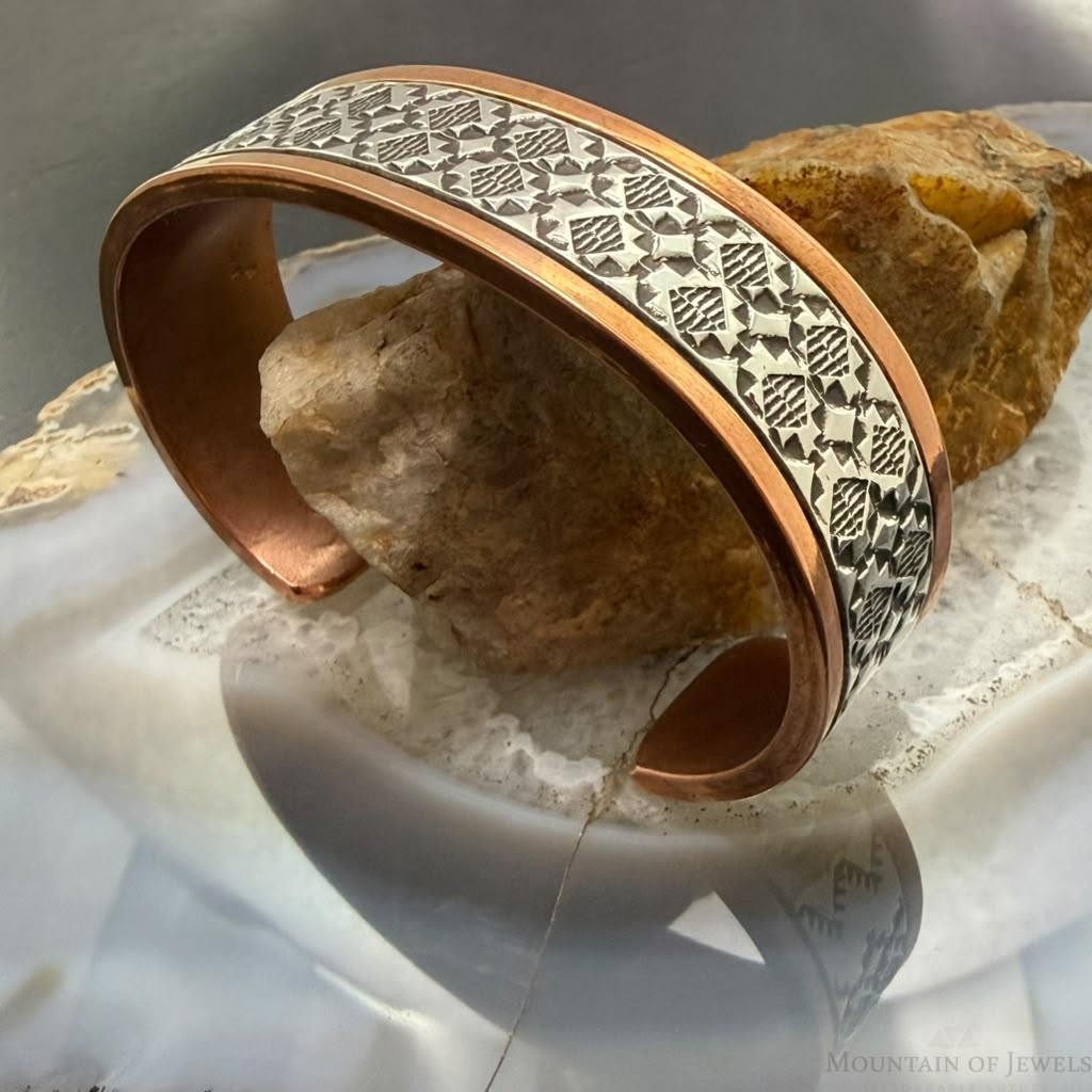 Wylie Secatero Navajo Sterling Silver & Copper Stamped Bracelet For Men #5