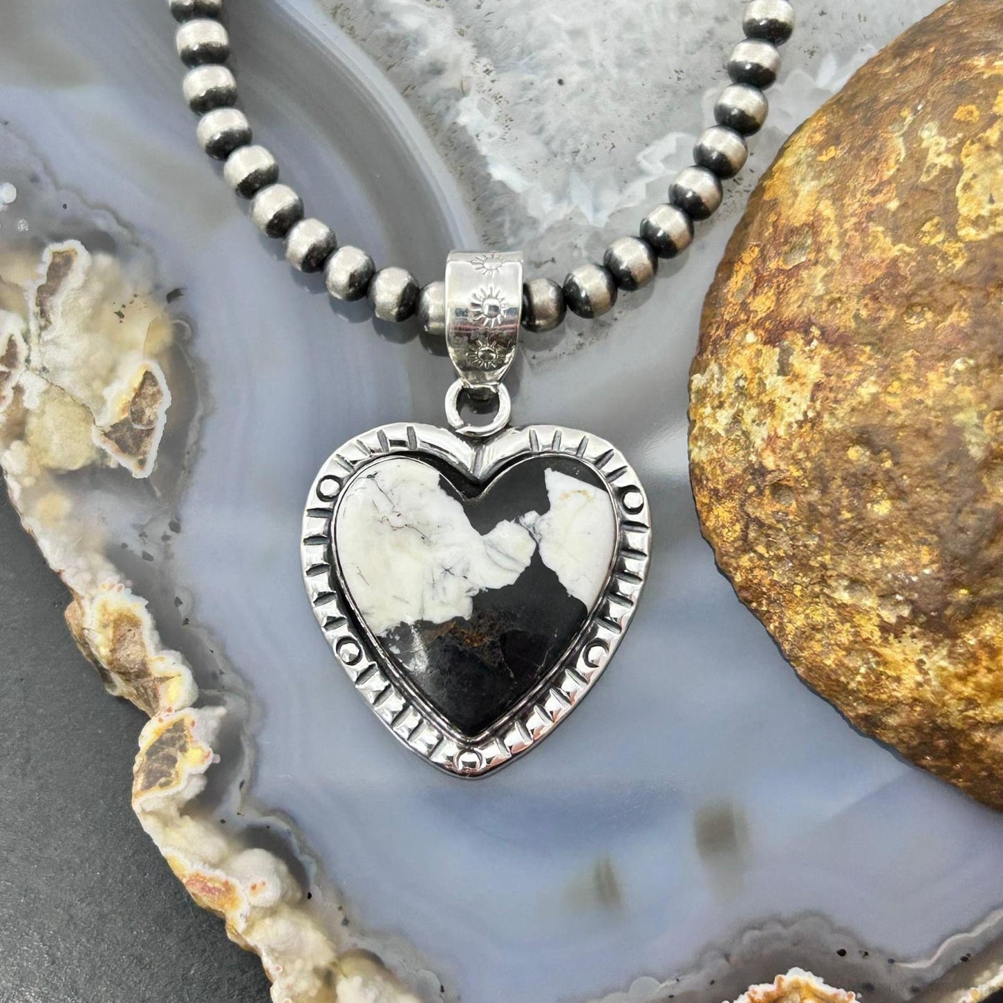 Sterling Silver Southwestern Style White Buffalo Decorated Heart Pendant For Women #4