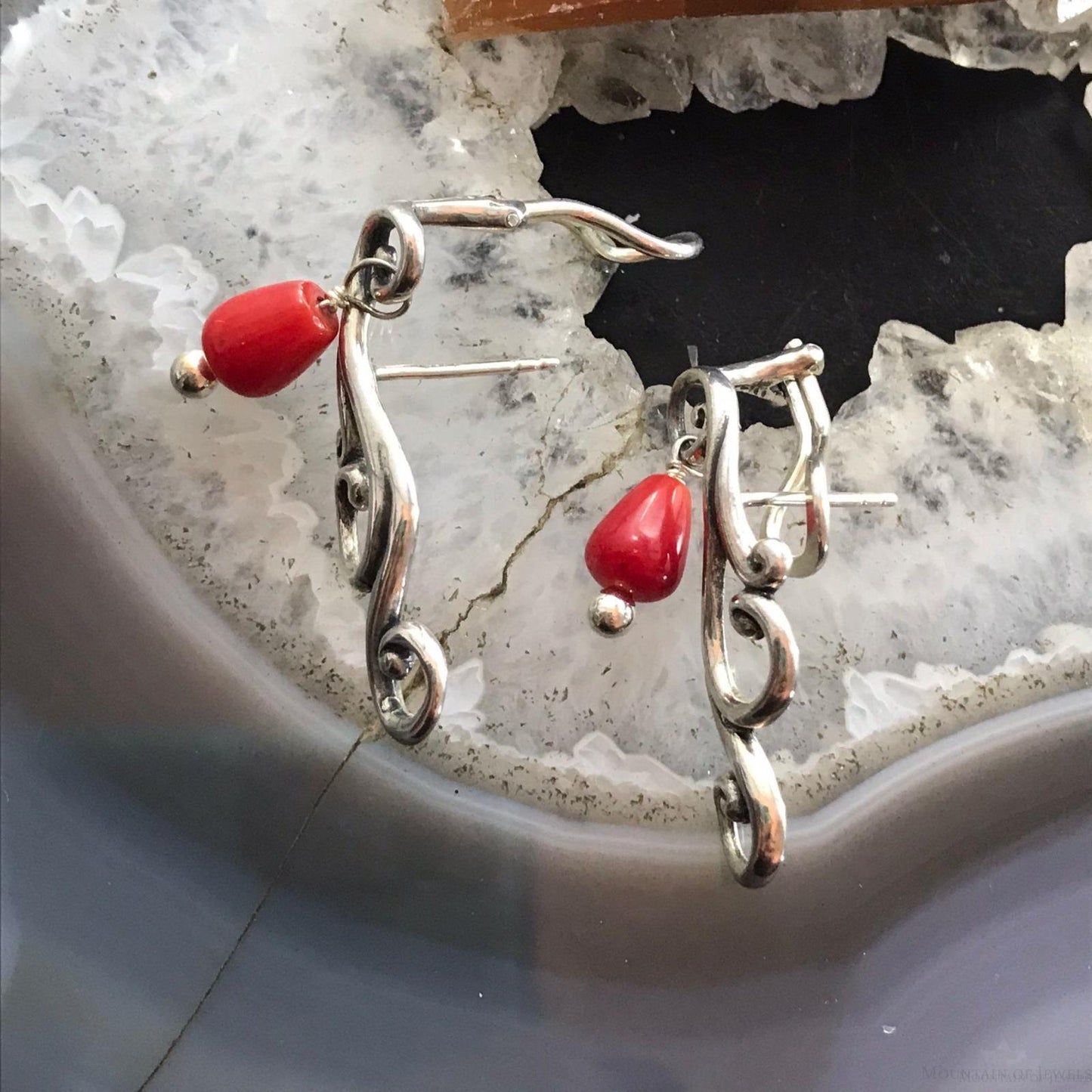 Carolyn Pollack Sterling Silver Swirls With Coral Bead Dangle Earrings For Women