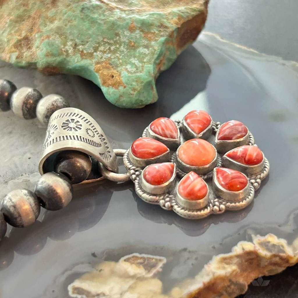Native American Sterling Silver Orange Spiny Oyster Cluster Pendant For Women