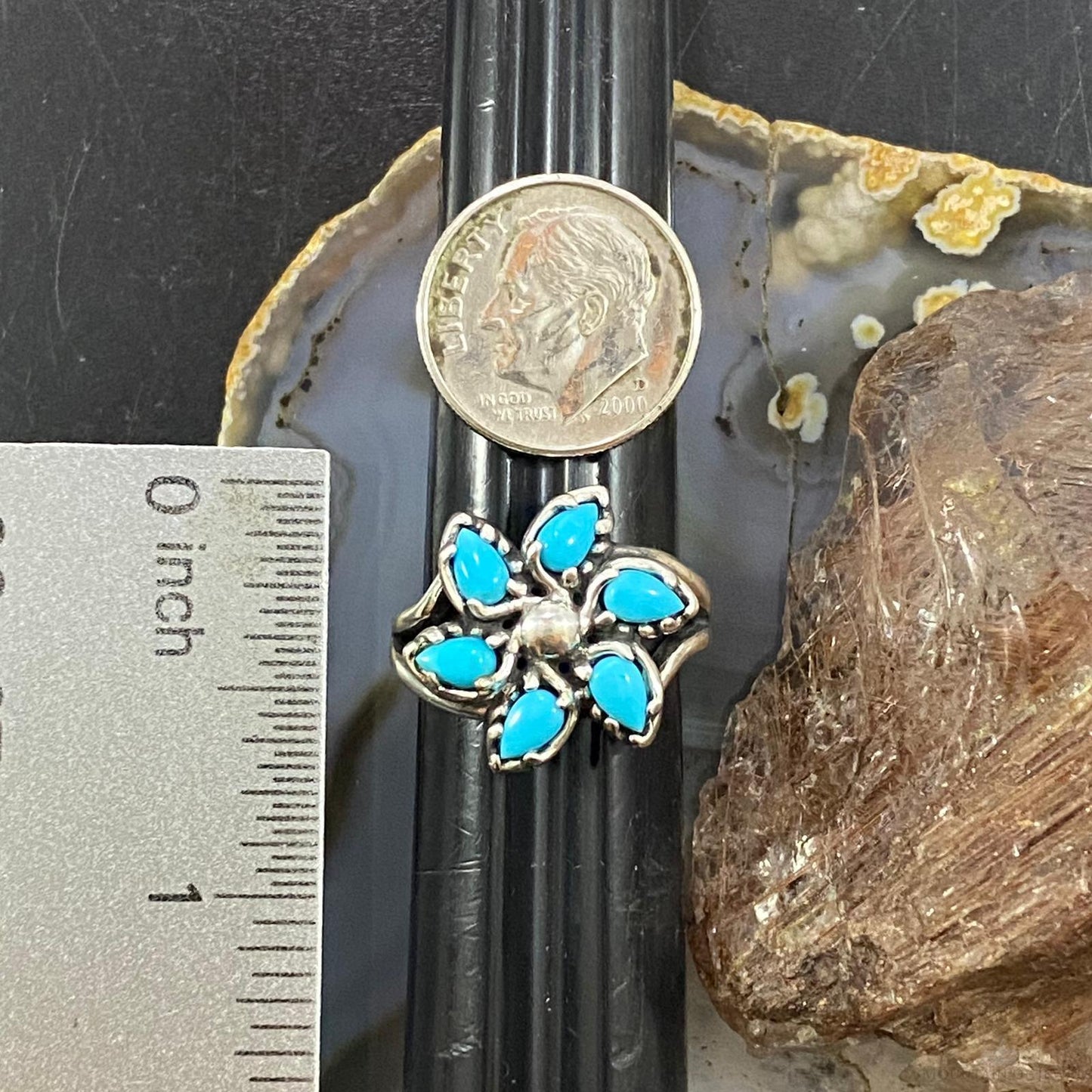 Carolyn Pollack Southwestern Style Sterling Sleeping Beauty Turquoise Flower Cluster Ring For Women