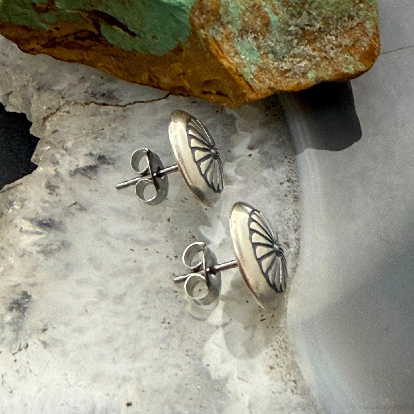 Native American Sterling Silver Round Stamped Concho Stud Earrings For Women