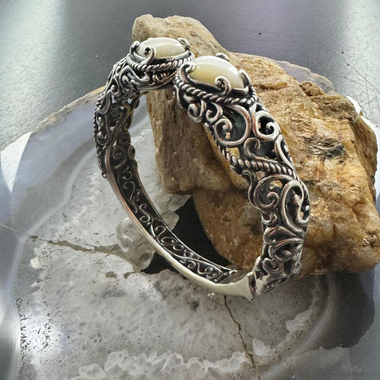 Carolyn Pollack Sterling Silver Mother Of Pearl Decorated Hinged Bracelet For Women